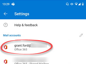 Mail accounts showing in Outlook app settings