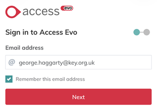 Login screen for Evo app