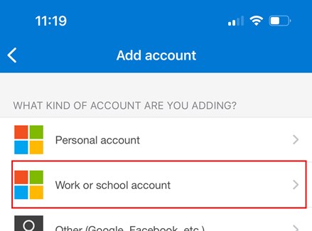 Work or school account option