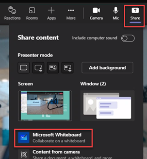 Share button, Microsoft Whiteboard option highlighted