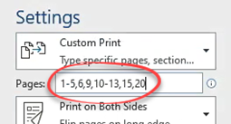 Print specific pages in the settings option