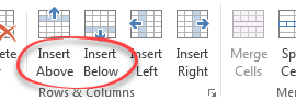 Insert rows above and below in a Word table buttons