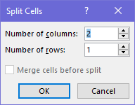 Split Cells Dialogue box