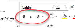 bold, italic and underline buttons in ribbon