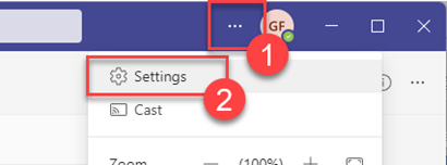 Menu, settings option in Teams