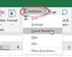 Autosum drop down menu, count numbers option selected