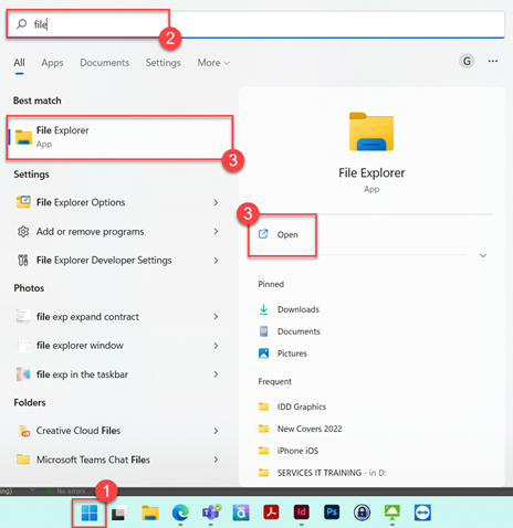 Searching for file explorer in windows 11 start menu